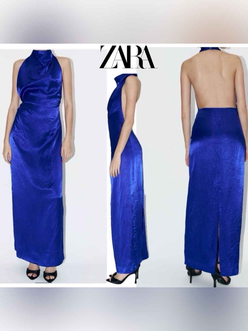 ZARA, Blue Backless Satin Effect Halter Maxi Column Dress With Slit, Size XS